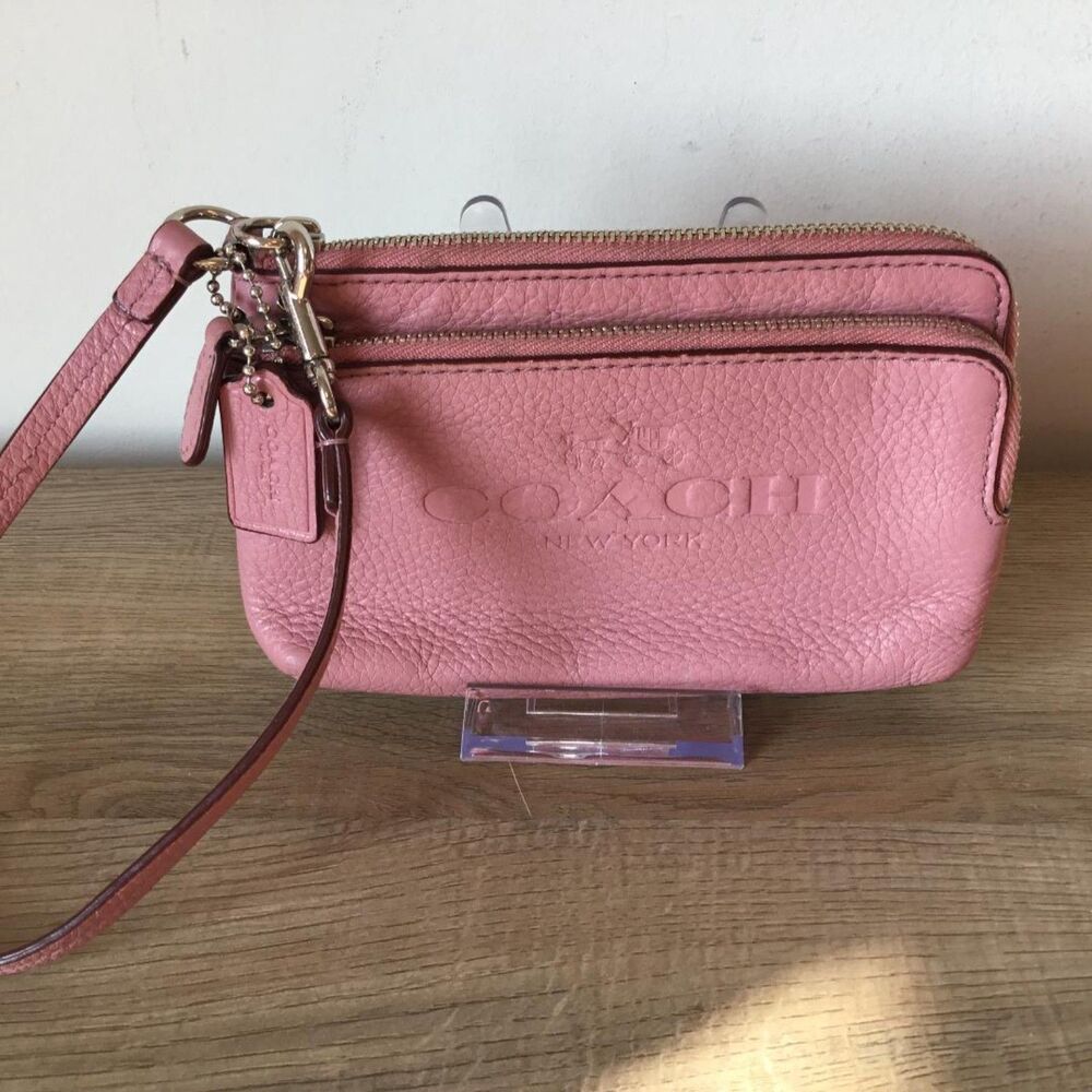 Coach Pink Pebbled Leather Double Zip Corner Wristlet w/Hangtag